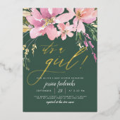 Donkergroen en goud Het is een Girl Floral Baby sh Folie Uitnodiging (Voorkant)