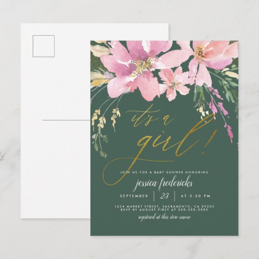 Donkergroen en goud Het is een Girl Floral Baby sh Uitnodiging Briefkaart (Voorkant / Achterkant)