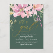 Donkergroen en goud Het is een Girl Floral Baby sh Uitnodiging Briefkaart (Voorkant)