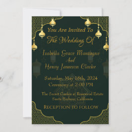 Donkergroen en goud script bruiloft uitnodiging