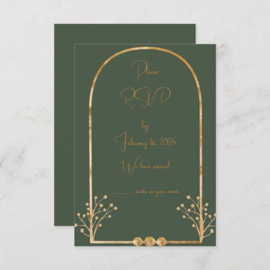 Donkergroen en gouden bruiloft RSVP invoegen (Voorkant / Achterkant)