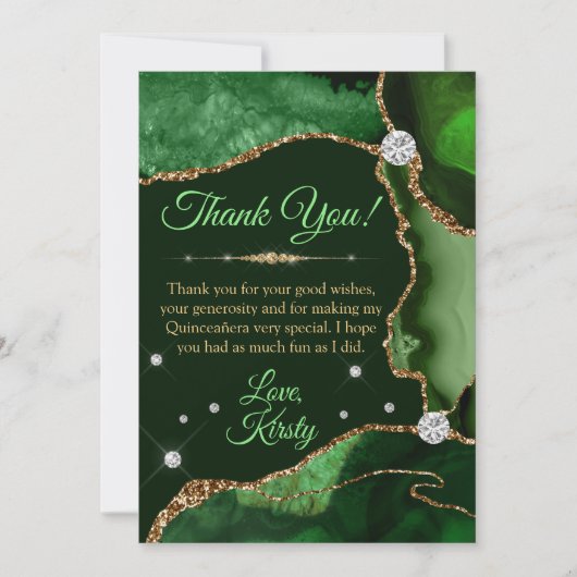 Donkergroen en gouden faux Glitter Agate Quinceañe Bedankkaart (Voorkant)