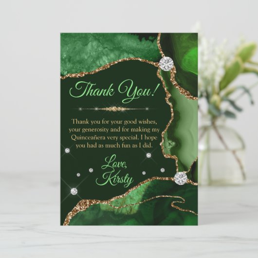 Donkergroen en gouden faux Glitter Agate Quinceañe Bedankkaart (Staand voorkant)