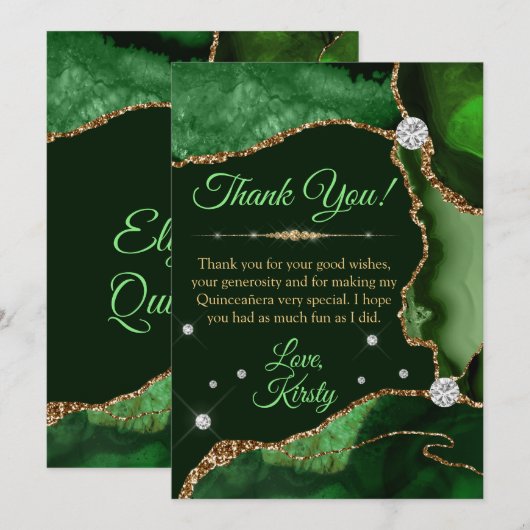 Donkergroen en gouden faux Glitter Agate Quinceañe Bedankkaart (Voorkant / Achterkant)