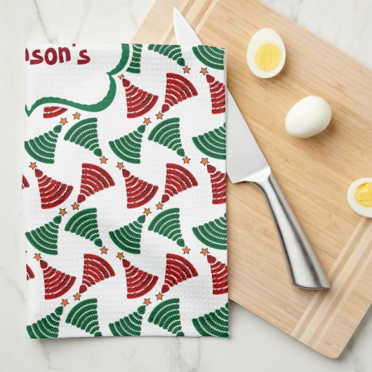 Donkergroen en rood kerstboompatroon theedoek (Quarter Fold)