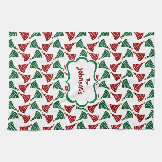 Donkergroen en rood kerstboompatroon theedoek (Horizontaal)