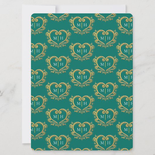 Donkergroen en wit goudhart bruiloft kaart (Achterkant)