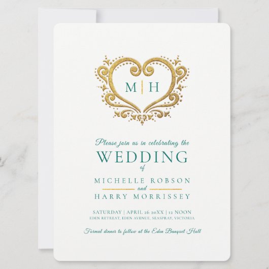 Donkergroen en wit goudhart bruiloft kaart (Voorkant)