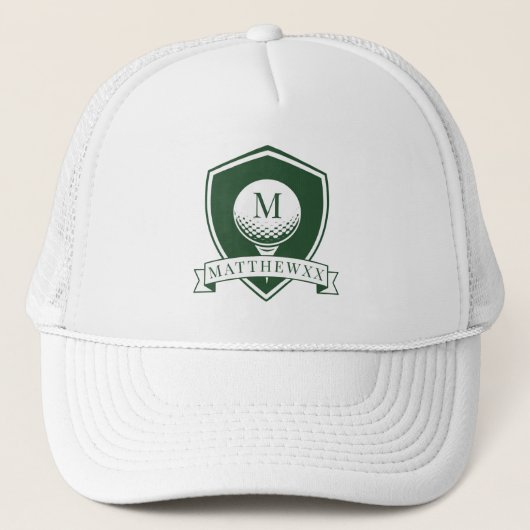 Donkergroen en Witte Naam Initiaal Monogram Golfer Trucker Pet (Voorkant)