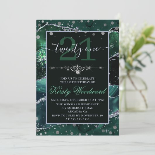 Donkergroen en zilver faux glitter Agate Birthday Kaart (Staand voorkant)