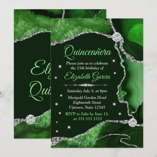 Donkergroen en zilver Glitter Agate Quinceanera Kaart (Voorkant / Achterkant)