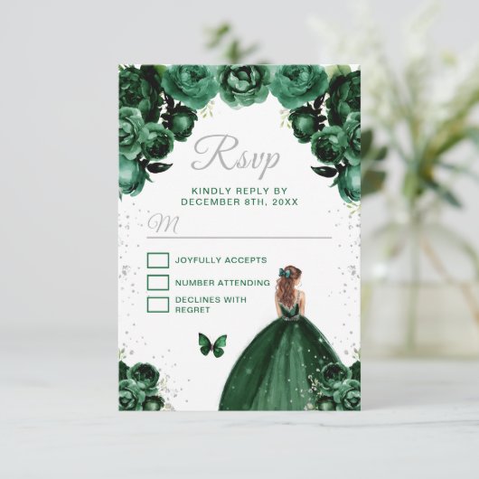Donkergroen en zilverbruin haar Princess RSVP Kaartje (Staand voorkant)