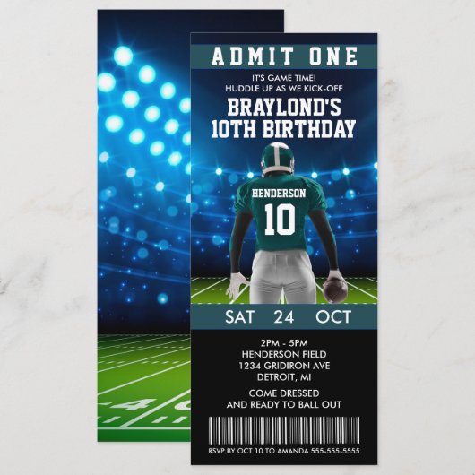 Donkergroen Football Ticket Verjaardagsuitnodiging Kaart (Voorkant / Achterkant)