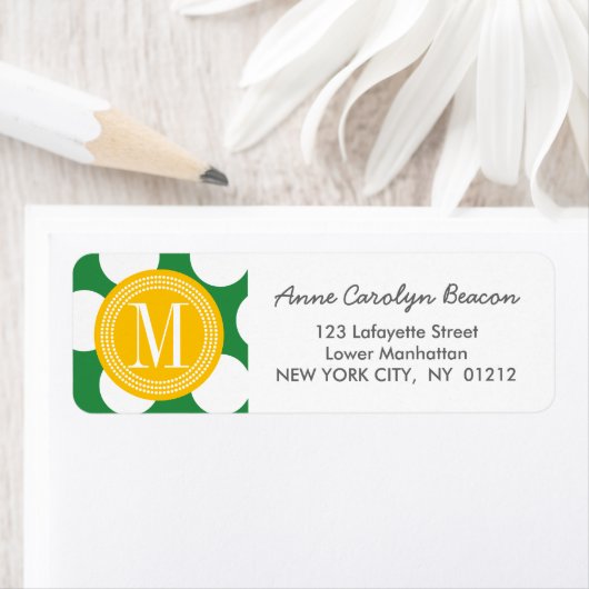 Donkergroen & geel grote polka stippen monogrammed etiket (Insitu)