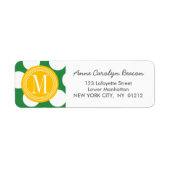 Donkergroen & geel grote polka stippen monogrammed etiket (Voorkant)