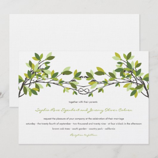 Donkergroen geknoopte liefdesbomen zomer bruiloft kaart (Voorkant / Achterkant)