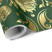 Donkergroen & glanzend gouden damast patroon cadeaupapier (Rol Hoek)