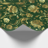 Donkergroen & glanzend gouden damast patroon cadeaupapier (Hoek)