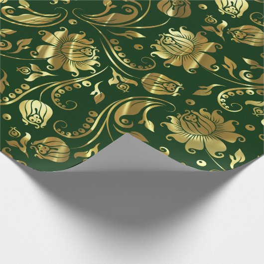 Donkergroen & glanzend gouden damast patroon cadeaupapier (Hoek)