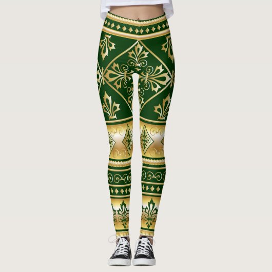 Donkergroen Gold White Keltic Gaelic Design Leggings (Voorkant)