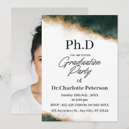 Donkergroen & Goud Aquarel PhD Afstudeerfeest Kaart