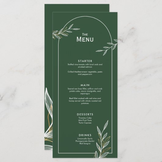 Donkergroen Goud Blad Bruiloft Evenement Menu Plat (Voorkant / Achterkant)