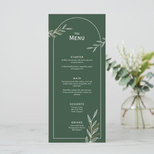 Donkergroen Goud Blad Bruiloft Evenement Menu Plat (Staand voorkant)