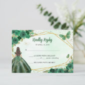 Donkergroen Goud Bloemen Prinses Quinceañera QR RSVP Kaartje (Staand voorkant)