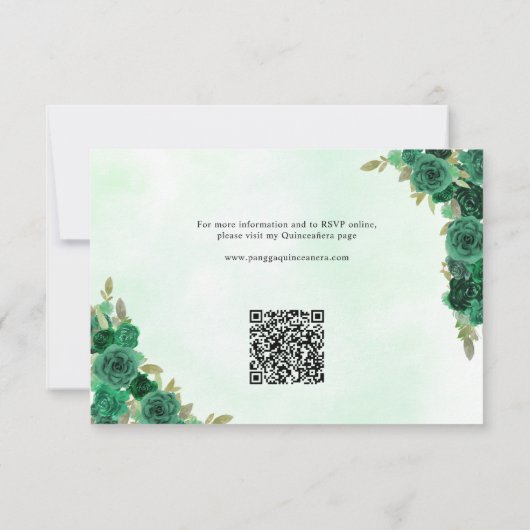 Donkergroen Goud Bloemen Prinses Quinceañera QR RSVP Kaartje (Achterkant)