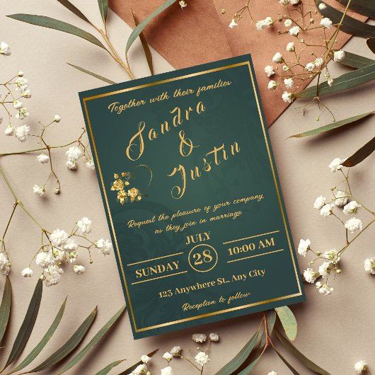 Donkergroen goud elegante bruiloft uitnodiging