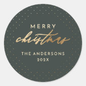 Donkergroen & Goud Gepolkte Stippen Prettig Kerstf Ronde Sticker (Voorkant)