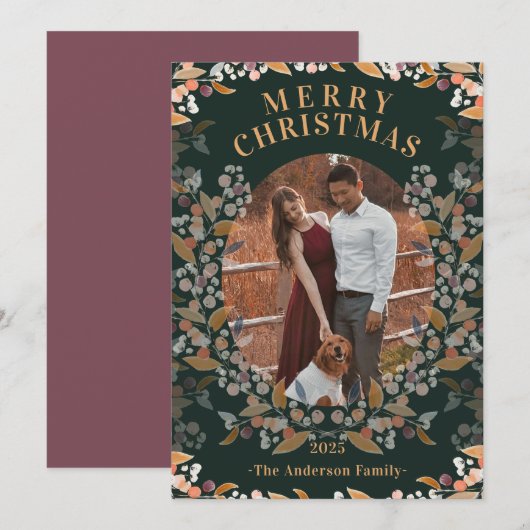 Donkergroen Goud Ingelijste Foto Vakantie Kaart (Voorkant / Achterkant)