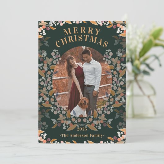 Donkergroen Goud Ingelijste Foto Vakantie Kaart (Staand voorkant)