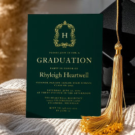 Donkergroen goud Monogram Crest Graduation Party Folie Uitnodiging