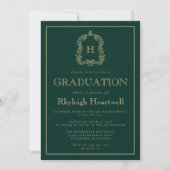 Donkergroen goud Monogram Crest Graduation Party Kaart (Voorkant)