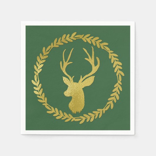 Donkergroen Gouden Herten Krans Kerst Servet (Voorkant)