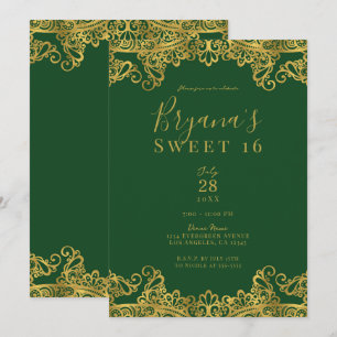 Donkergroen & Gouden Kant Elegant Sweet 16 Feestje Kaart