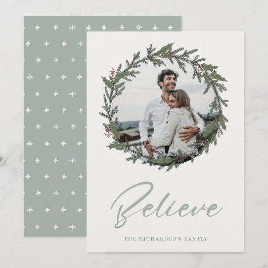 Donkergroen kerstkrans Foto Geloof Feestdagenkaart (Voorkant / Achterkant)