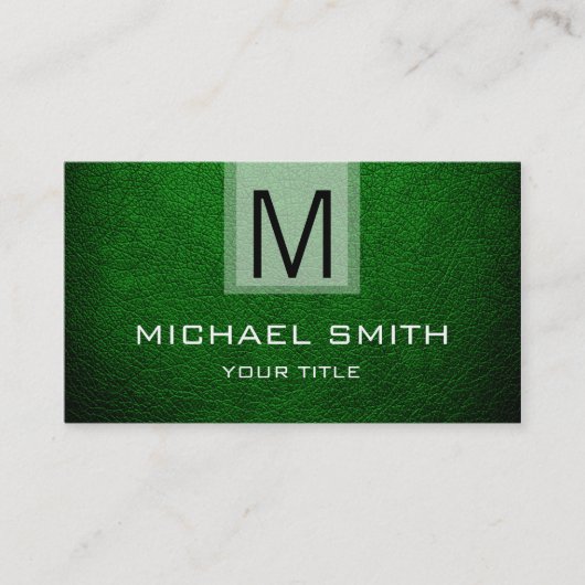 Donkergroen leder getextureerd monogram visitekaartje (Voorkant)
