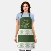 Donkergroen met bloemenontwerp schort (Gedragen)