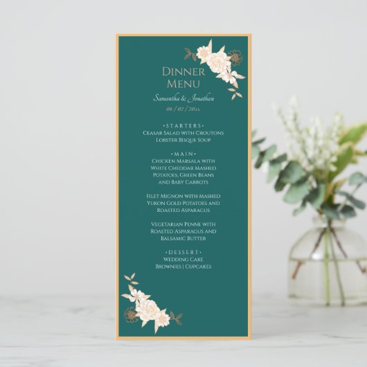 Donkergroen met Cream Rozen Wedding Menu (Staand voorkant)