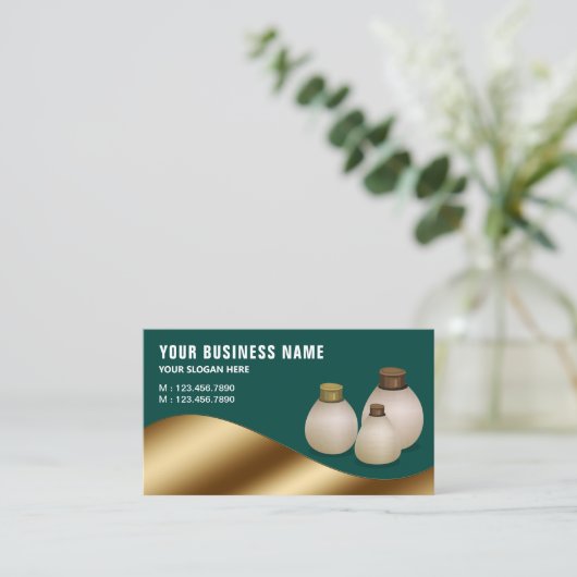 Donkergroen Metallic Goud Aroma Olie Parfum Fles Visitekaartje (Staand voorkant)