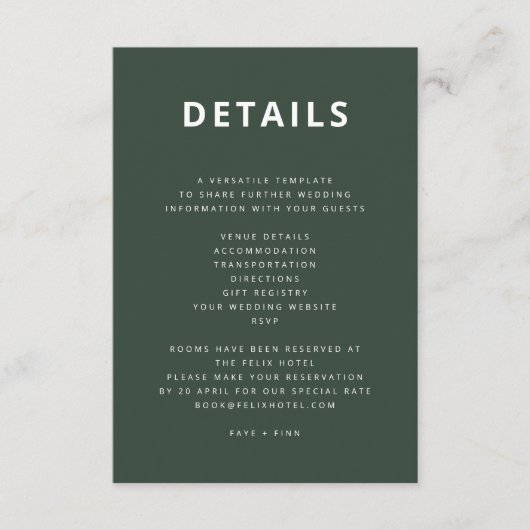 Donkergroen | Minimalistisch Scandi Modern Wedding Informatiekaartje (Voorkant)