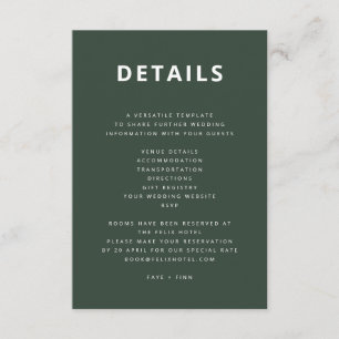 Donkergroen Minimalistisch Scandi Modern Wedding Informatiekaartje