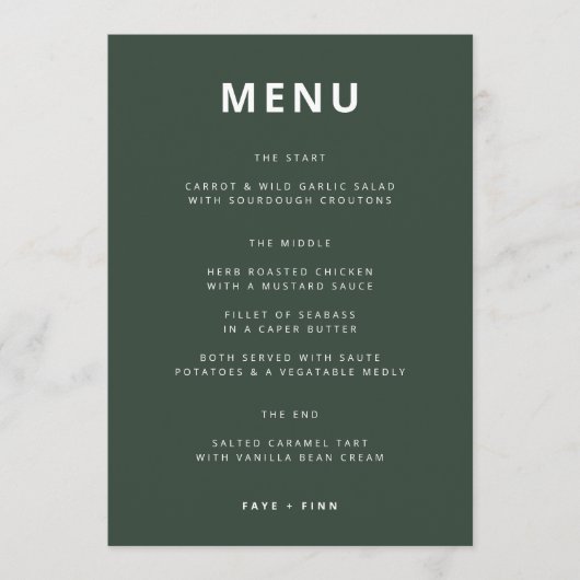 Donkergroen | Minimalistisch Scandi Modern Wedding Menu (Voorkant)