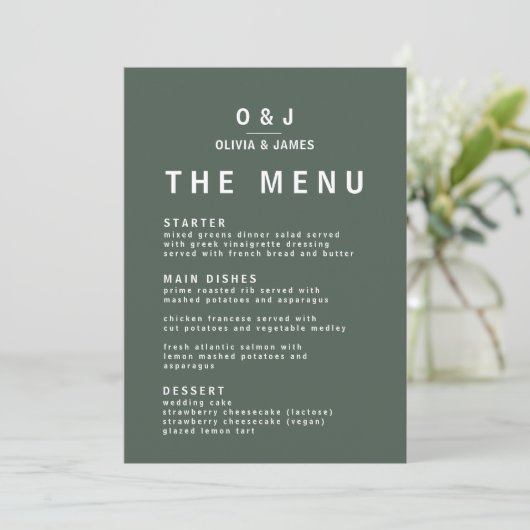 Donkergroen | Minimalistisch Scandi Modern Wedding Menu (Staand voorkant)