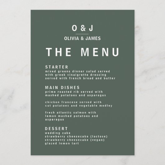 Donkergroen | Minimalistisch Scandi Modern Wedding Menu (Voorkant)