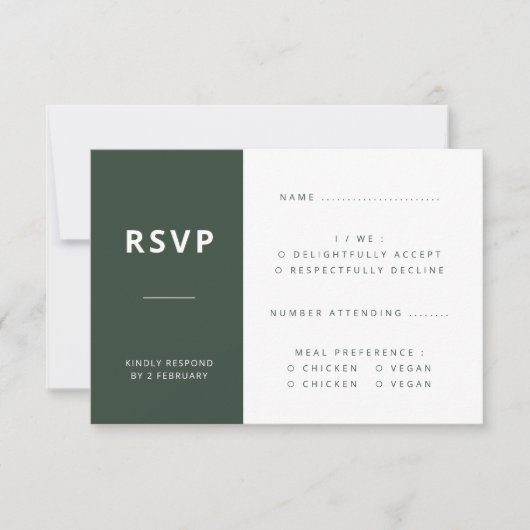 Donkergroen | Minimalistisch Scandi Modern Wedding RSVP Kaartje (Voorkant)