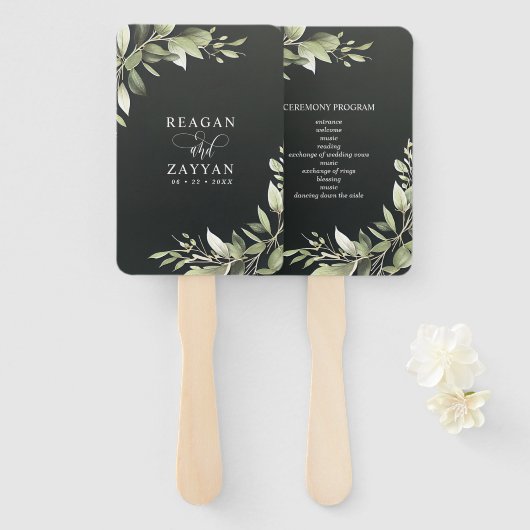 Donkergroen modern groen verlaat bruiloft programm handwaaier (Voorkant en achterkant)