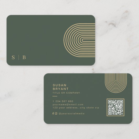 Donkergroen Modern Monogram QR-code sociale media Visitekaartje (Voorkant / Achterkant)
